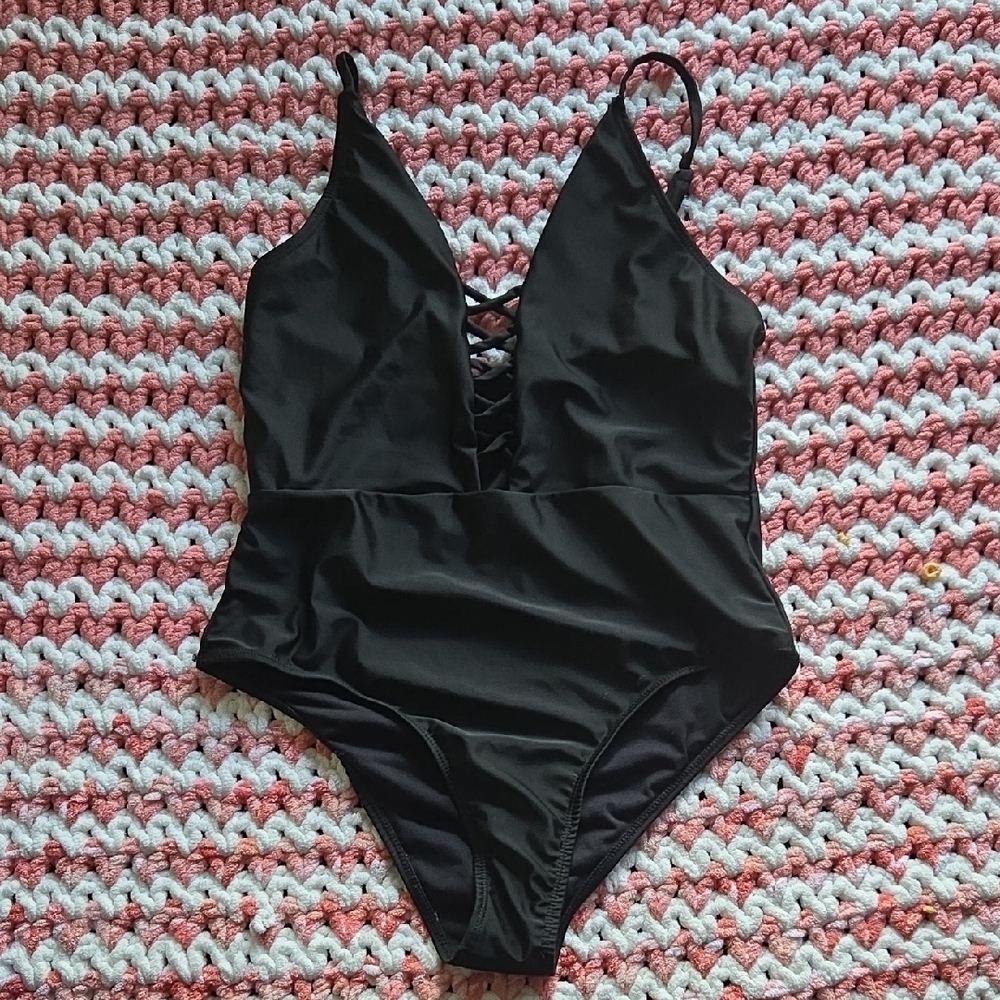 Revamped Black Lace-Up One Piece Swimsuit